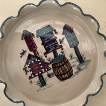 Load image into Gallery viewer, Vintage Home & Garden Party Birdhouse Stoneware Pie Dish – Deep Fluted, Oven-Safe Beauty for Your Cherished Home