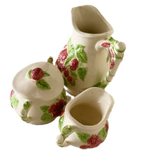 Load image into Gallery viewer, Vintage Sugar Bowl with lid, Pitcher, and Creamer Set  (3pieces) with Embossed Pink Flowers