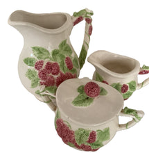 Load image into Gallery viewer, Vintage Sugar Bowl with lid, Pitcher, and Creamer Set  (3pieces) with Embossed Pink Flowers