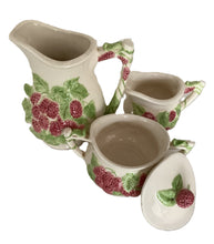 Load image into Gallery viewer, Vintage Sugar Bowl with lid, Pitcher, and Creamer Set  (3pieces) with Embossed Pink Flowers