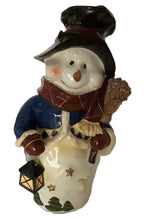 Load image into Gallery viewer, Pre-Loved Ceramic Glazed Snowman with Scarf, Broom & Lantern, 15" Tall