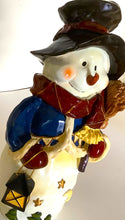 Load image into Gallery viewer, Pre-Loved Ceramic Glazed Snowman with Scarf, Broom & Lantern, 15" Tall