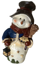 Load image into Gallery viewer, Pre-Loved Ceramic Glazed Snowman with Scarf, Broom & Lantern, 15" Tall