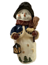 Load image into Gallery viewer, Pre-Loved Ceramic Glazed Snowman with Scarf, Broom & Lantern, 15" Tall