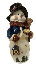 Load image into Gallery viewer, Pre-Loved Ceramic Glazed Snowman with Scarf, Broom & Lantern, 15" Tall