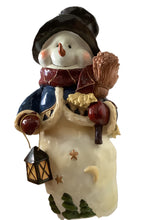 Load image into Gallery viewer, Pre-Loved Ceramic Glazed Snowman with Scarf, Broom & Lantern, 15" Tall