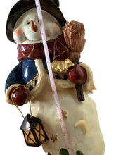 Load image into Gallery viewer, Pre-Loved Ceramic Glazed Snowman with Scarf, Broom & Lantern, 15" Tall