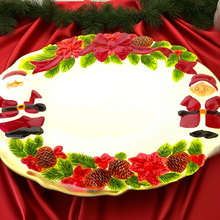 Load image into Gallery viewer, Vintage Publix Santa & Mrs. Claus Ceramic Serving Tray, 13" Red & White Oval Holiday Platter