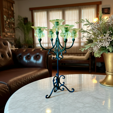 Load image into Gallery viewer, Vintage 5 Arm Tall Wrought Iron Tabletop Candelabra with White Globes