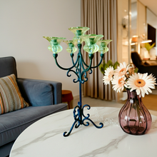 Load image into Gallery viewer, Vintage 5 Arm Tall Wrought Iron Tabletop Candelabra with White Globes