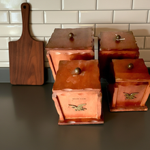 Load image into Gallery viewer, Vintage Early American Eagle Pine Wood Kitchen Canister Set - 8 pieces