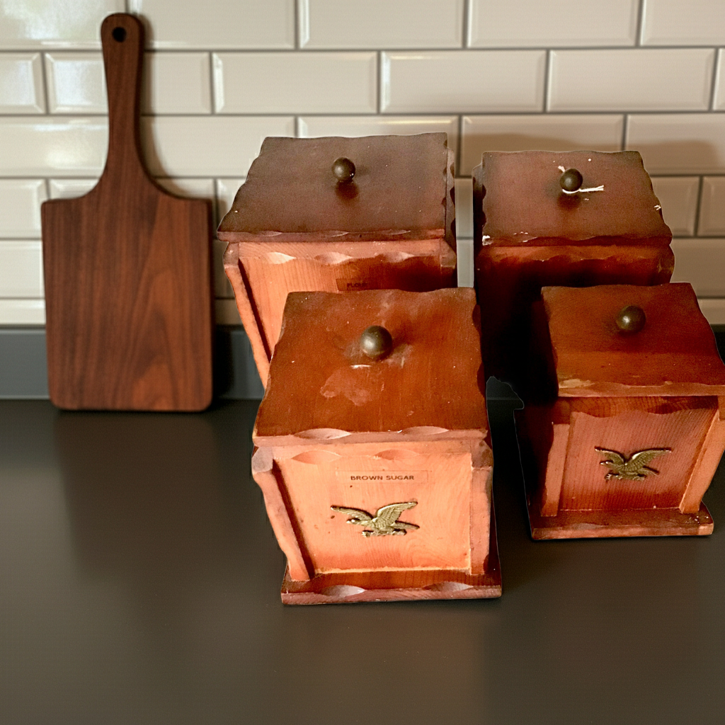 Vintage Early American Eagle Pine Wood Kitchen Canister Set - 8 pieces