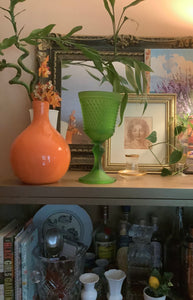 Vintage Emerald Green Tiara Glass Chalice – One of a kind 11" Tall Pre-Loved Home Decor Vase