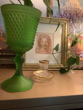 Load image into Gallery viewer, Vintage Emerald Green Tiara Glass Chalice – One of a kind 11&quot; Tall Pre-Loved Home Decor Vase