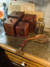 Load image into Gallery viewer, Vintage Early American Eagle Pine Wood Kitchen Canister Set - 8 pieces