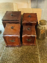 Load image into Gallery viewer, Vintage Early American Eagle Pine Wood Kitchen Canister Set - 8 pieces