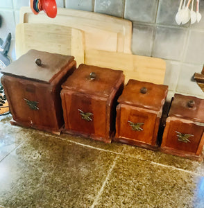 Vintage Early American Eagle Pine Wood Kitchen Canister Set - 8 pieces