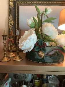 Vintage Holiday Basket Green and Bronze-Tone with Rope Handle