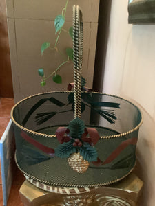 Vintage Holiday Basket Green and Bronze-Tone with Rope Handle