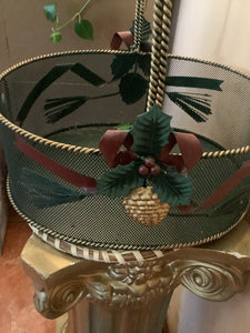 Vintage Holiday Basket Green and Bronze-Tone with Rope Handle