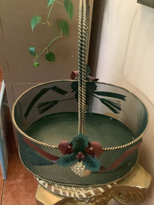 Vintage Holiday Basket Green and Bronze-Tone with Rope Handle
