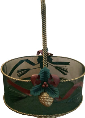 Vintage Holiday Basket Green and Bronze-Tone with Rope Handle