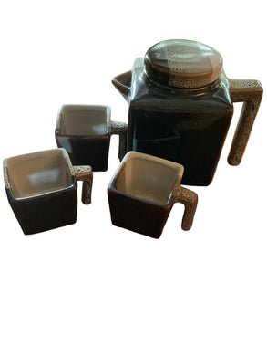 Pier One Stoneware Vintage Tri-Color Teapot with Lid and 3 Small Cups