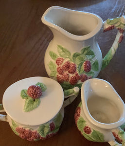 Vintage Sugar Bowl with lid, Pitcher, and Creamer Set  (3pieces) with Embossed Pink Flowers