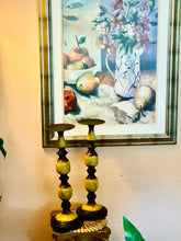 Load image into Gallery viewer, Tall Yellow Distressed Bohemian-style Candle Holders (2) Three Hands