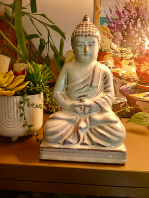 One-of-a-Kind Meditating Buddha Statue – Pearl White Ceramic Zen Decor for Your Sanctuary