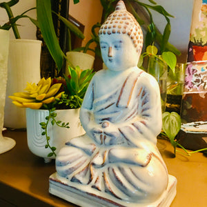 One-of-a-Kind Meditating Buddha Statue – Pearl White Ceramic Zen Decor for Your Sanctuary