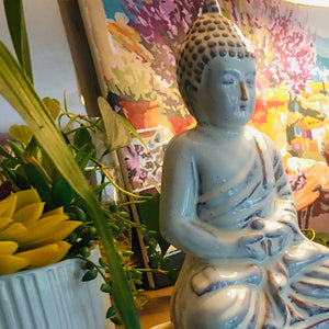 One-of-a-Kind Meditating Buddha Statue – Pearl White Ceramic Zen Decor for Your Sanctuary