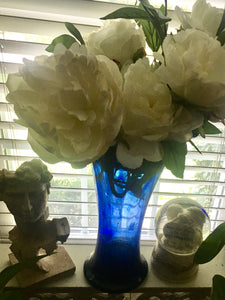 One-of-a-Kind Vintage Cobalt Blue Scalloped Vase - 14" Handcrafted Mid-Century Modern Decor