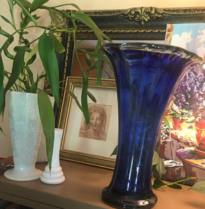 One-of-a-Kind Vintage Cobalt Blue Scalloped Vase - 14" Handcrafted Mid-Century Modern Decor