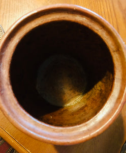 Vintage Brown Embossed Canister with Wicker Lid – 8" Tall Home Accent