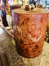 Load image into Gallery viewer, Vintage Brown Embossed Canister with Wicker Lid – 8&quot; Tall Home Accent