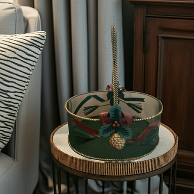 Vintage Holiday Basket Green and Bronze-Tone with Rope Handle