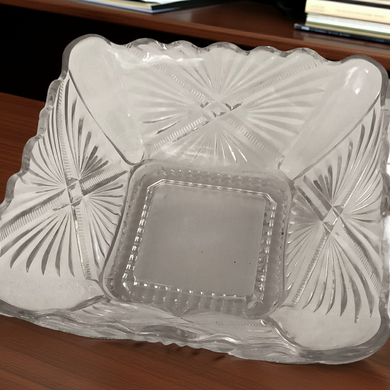 Timeless Etched Glass Square Bowl | Vintage Scalloped Crystal Decor | One-of-a-Kind Home Treasure