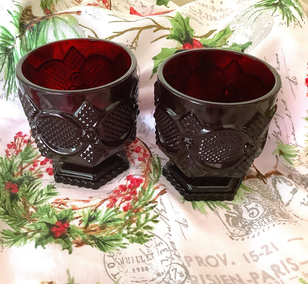 Deep burgundy red footed glass tumblers (2)