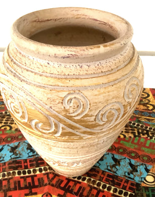 Vintage Hand-Carved Stoneware Vase – Tan Bronze Art