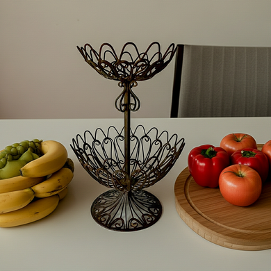 Vintage 2-Tier Wrought Iron Countertop Basket – Elegant Fruit & Vegetable Storage for Your Unique Home