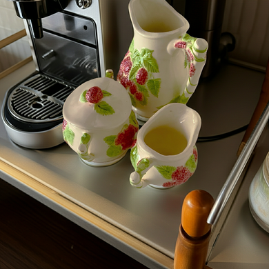 Vintage Sugar Bowl with lid, Pitcher, and Creamer Set  (3pieces) with Embossed Pink Flowers