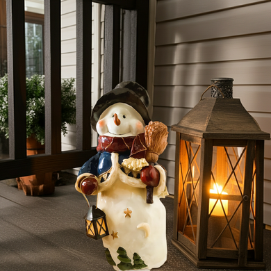 Pre-Loved Ceramic Glazed Snowman with Scarf, Broom & Lantern, 15