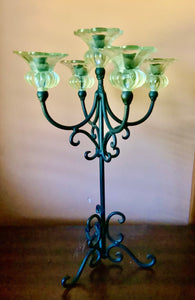 Vintage 5 Arm Tall Wrought Iron Tabletop Candelabra with White Globes