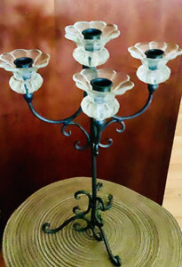 Vintage 5 Arm Tall Wrought Iron Tabletop Candelabra with White Globes