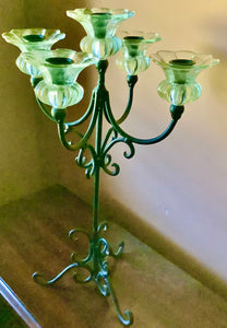 Vintage 5 Arm Tall Wrought Iron Tabletop Candelabra with White Globes