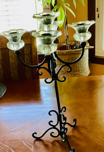 Vintage 5 Arm Tall Wrought Iron Tabletop Candelabra with White Globes